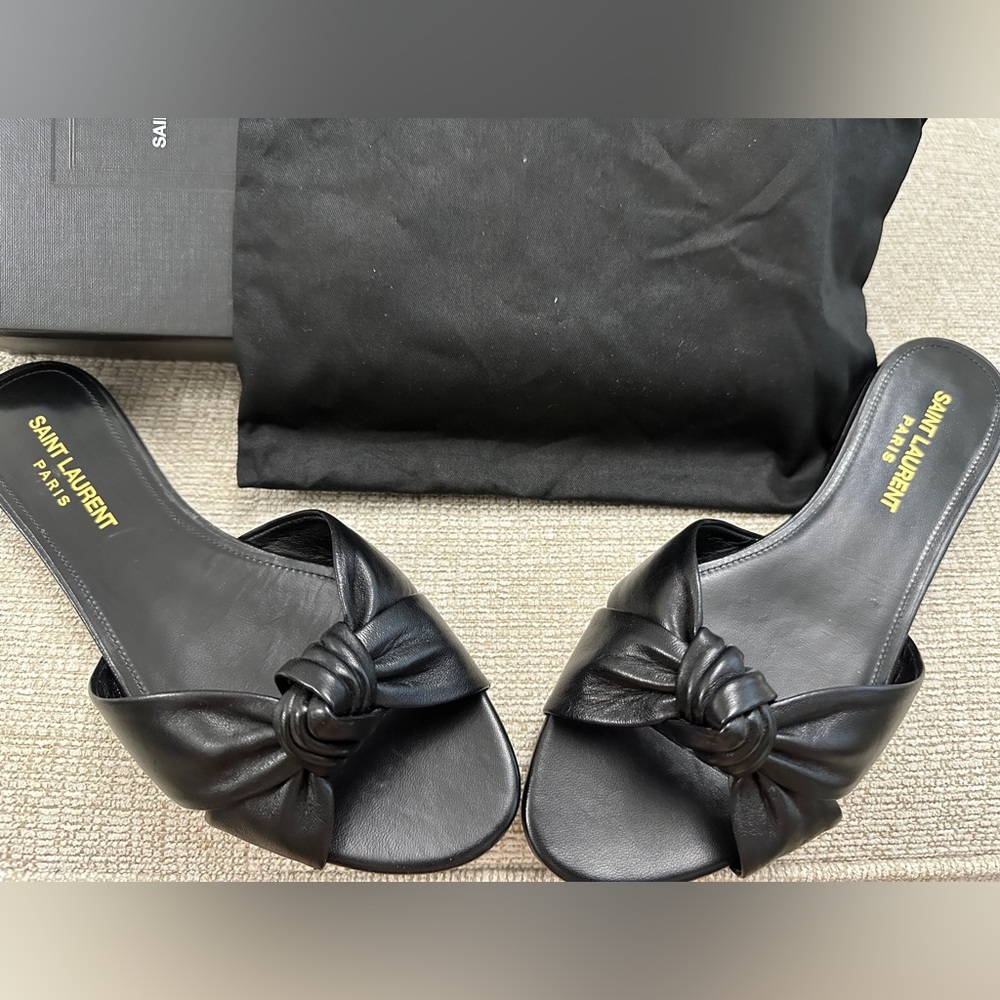 Saint Laurent Black Bianca Flat Sandals with Bow Detail